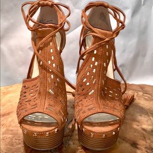 Women's Tan Cage Wedge Platforms with ankle ties